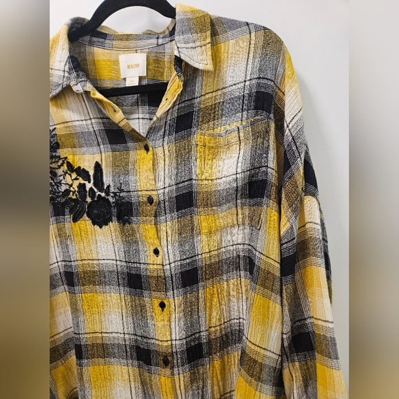 Anthropologie Maeve Embroidered Plaid Buttondown Oversized Tunic Shirt Size XS/S - Picture 7 of 13